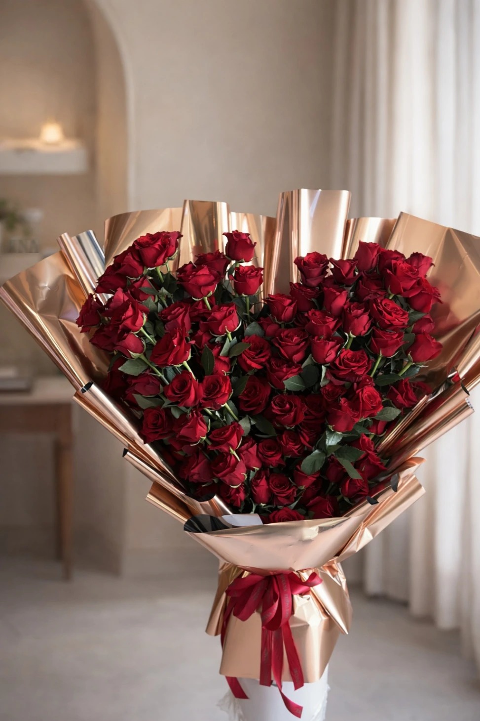 Luxury Heart-Shaped Red Roses Bouquet in Gold Wrap