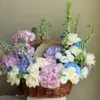 Pastel Garden Flower Basket Roses Hydrangeas UAE | سلة زهور باستيل مع جوري وهيدرنجا الإمارات