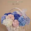 Pastel Hydrangea Flower Basket Blue & Blush RAK | سلة زهور هيدرنجا باستيل أزرق ووردي رأس الخيمة