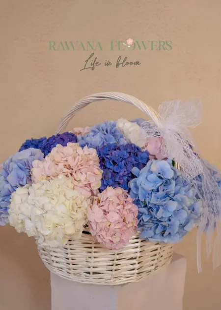 Pastel Hydrangea Flower Basket Blue & Blush RAK | سلة زهور هيدرنجا باستيل أزرق ووردي رأس الخيمة