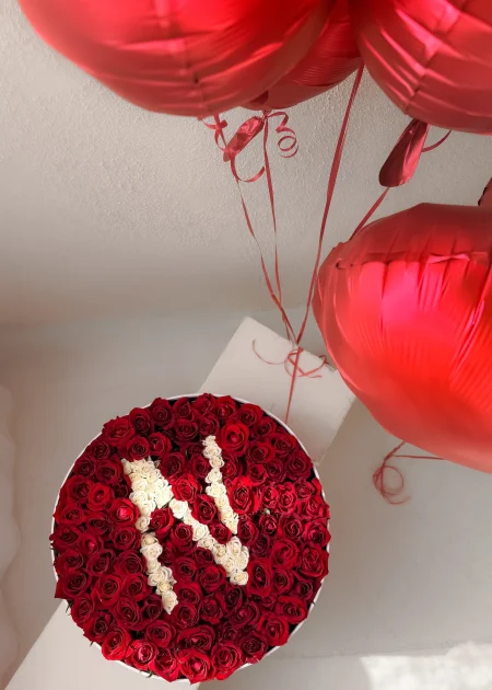 Personalized Red Rose Box with Letter & Heart Balloons
