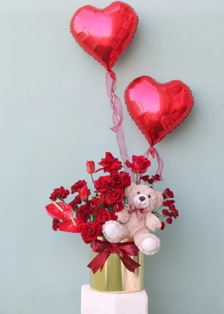 Romantic Red Roses Gift Box with Teddy & Double Heart Balloons