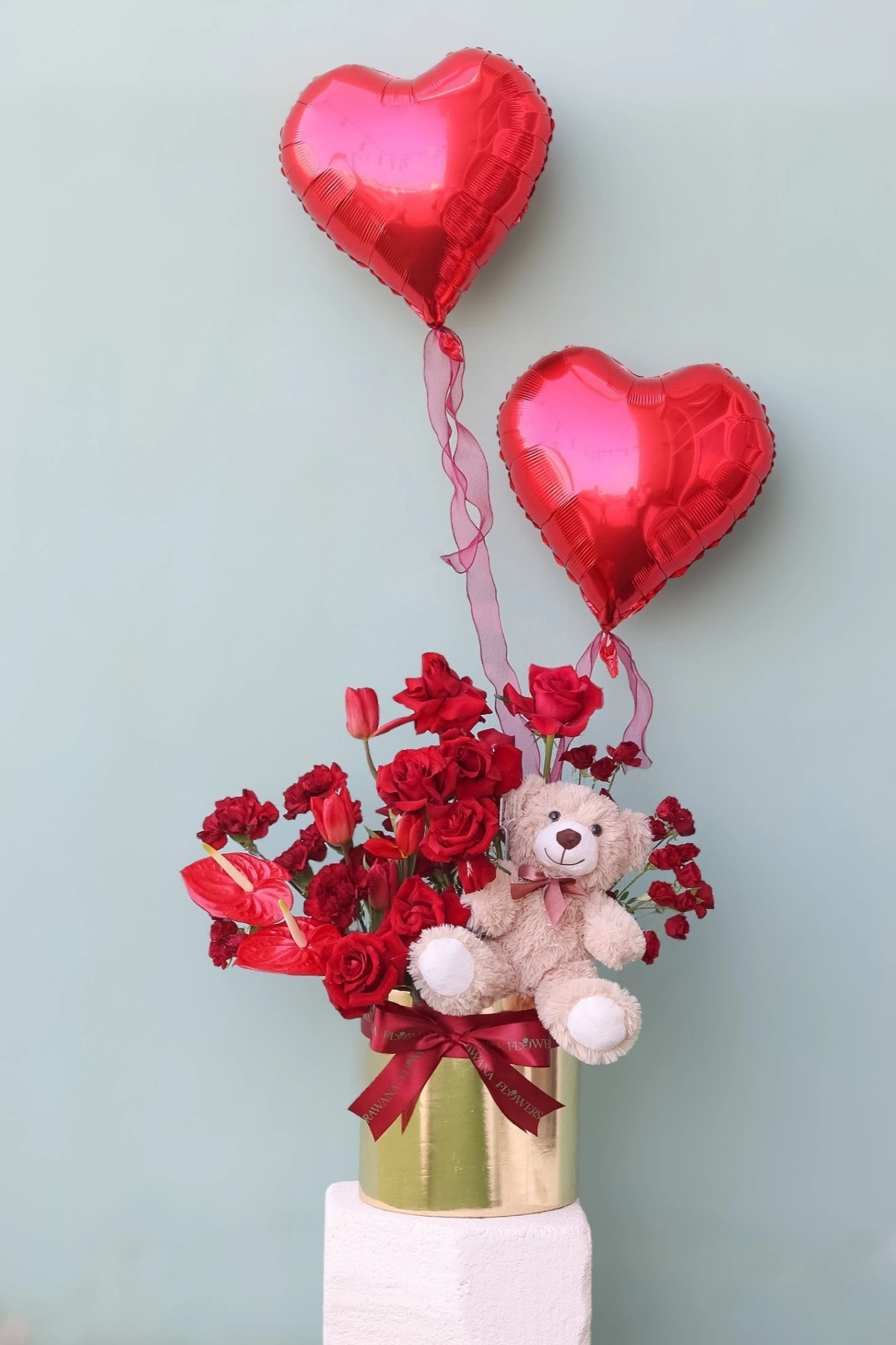 Romantic Red Roses Gift Box with Teddy & Double Heart Balloons